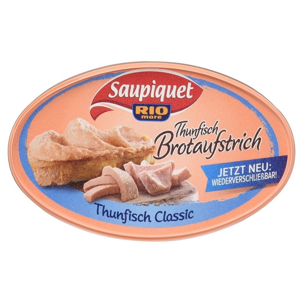 A product shot of a can of Saupiquet tuna spread.