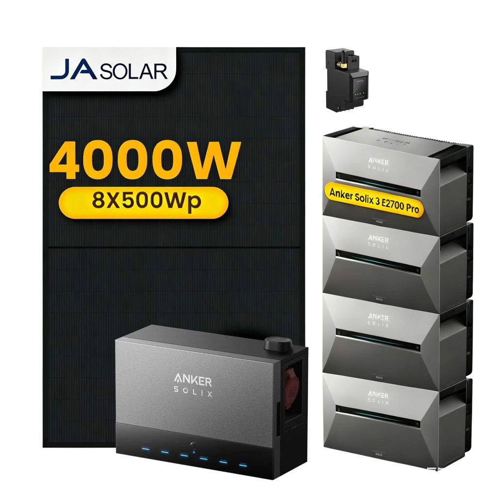 Powerness Balkonkraftwerk mit Speicher, Anker Multisystem SOLIX Power Dock mit 4x Anker Solarbank 3 E2700 Pro & 8x 500W JA Solar Modulen & Smart Meter