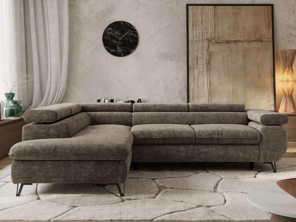 Couch mit Schlaffunktion L-form Ecksofa mit Topper Visco Wohnzimmersofa mit Einstellbare Kopfstützen - PABLO L - Schenille grob - Braun - Links
