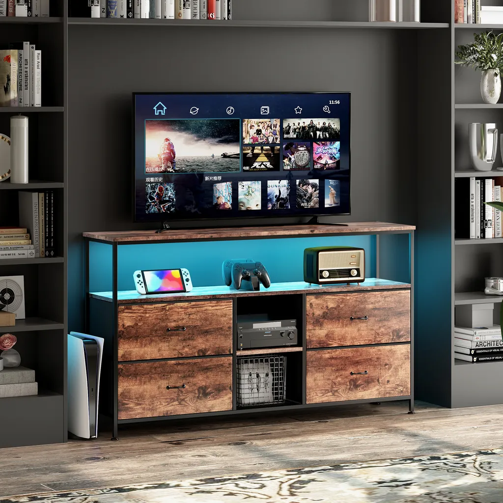 Supporto TV LED Retro 137cm - 4 Cassetti in Legno e Struttura Robusta