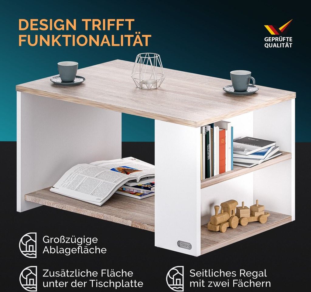 CASARIA® Couchtisch Weiß Eiche Holz mit Stauraum 2 Fächer Produktbild 3