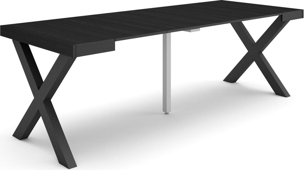 Ausziehbarertisch, 222x90x73cm, Für 10 Gäste, Massivholz Beine, Schwarz
