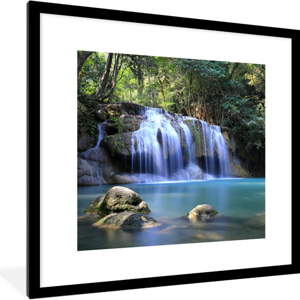 MuchoWow Gerahmtes Poster Felsen unter den Wasserfällen des Erawan-Nationalparks 40x40 cm - Poster mit Schwarzem Bilderrahmen Wandposter Rahmen ...