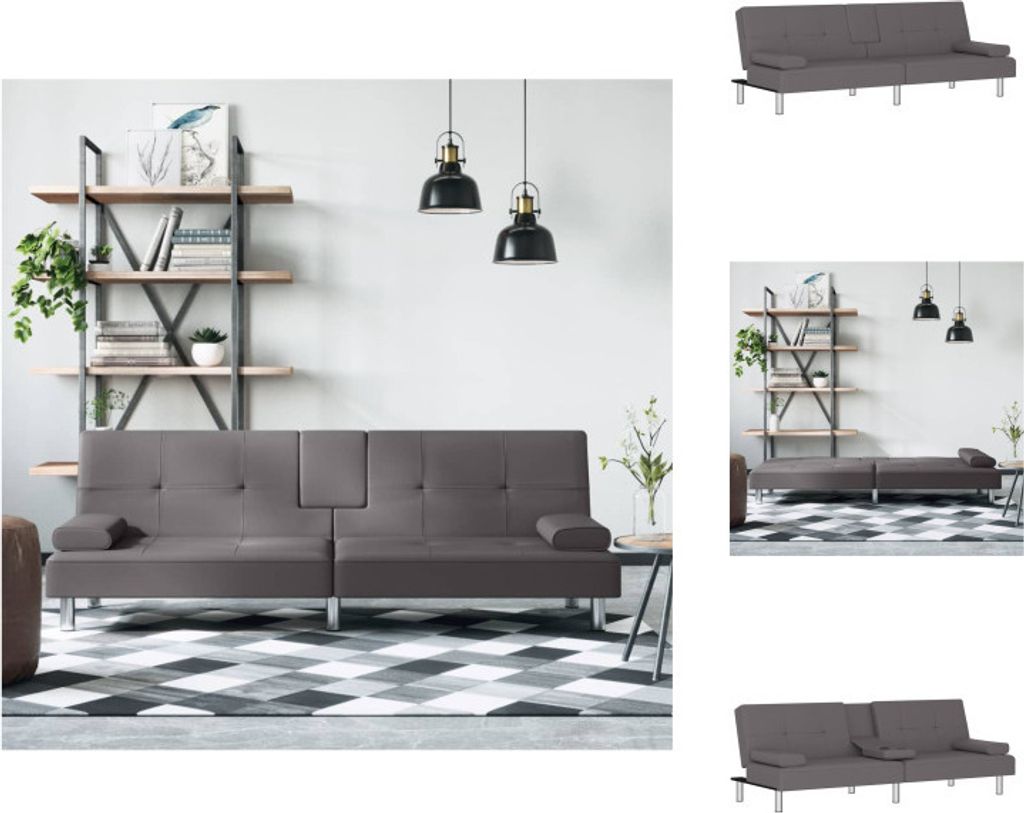 vidaXL Schlafsofa mit Getränkehaltern Grau Kunstleder - Sofas