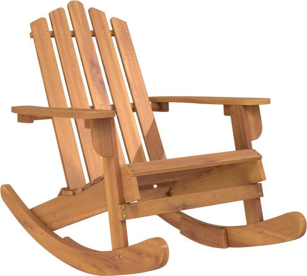 A wooden Adirondack rocking chair is shown against a white background.