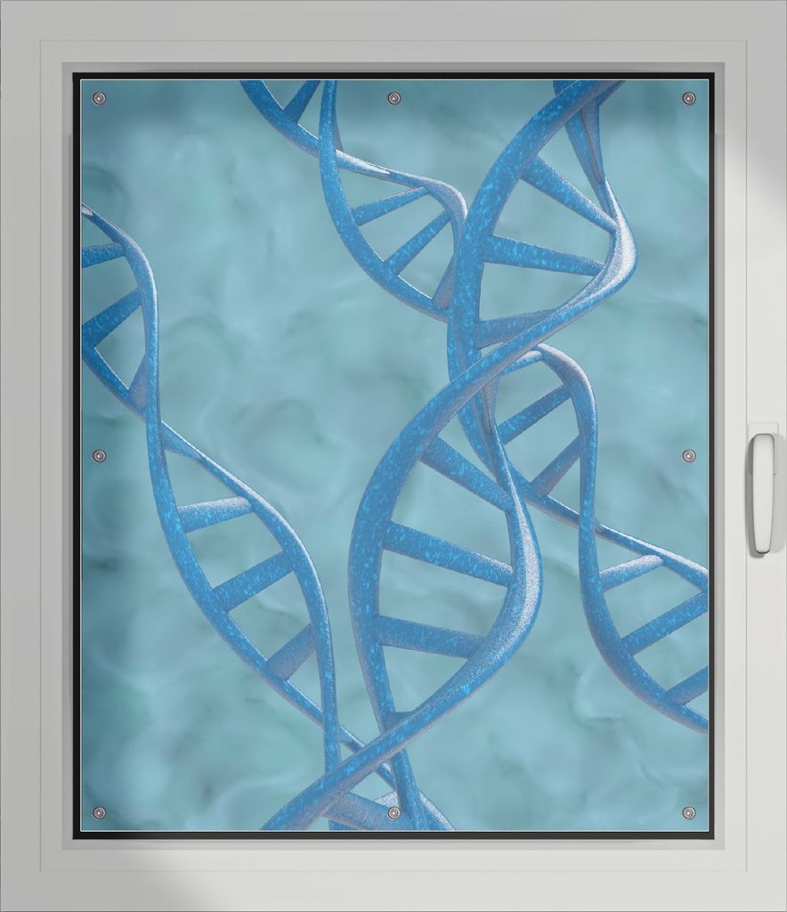 Wallario Lichtschutzbild, Dekorativer Sichtschutz Sonnenschutz 96 x 115 cm mit Motiv: DNA-Strang in blau auf türkisem Hintergrund - Verdunklung oh...