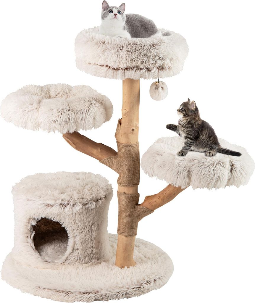 A multi-level cat tree with plush platforms and a cat cave, featuring two cats.