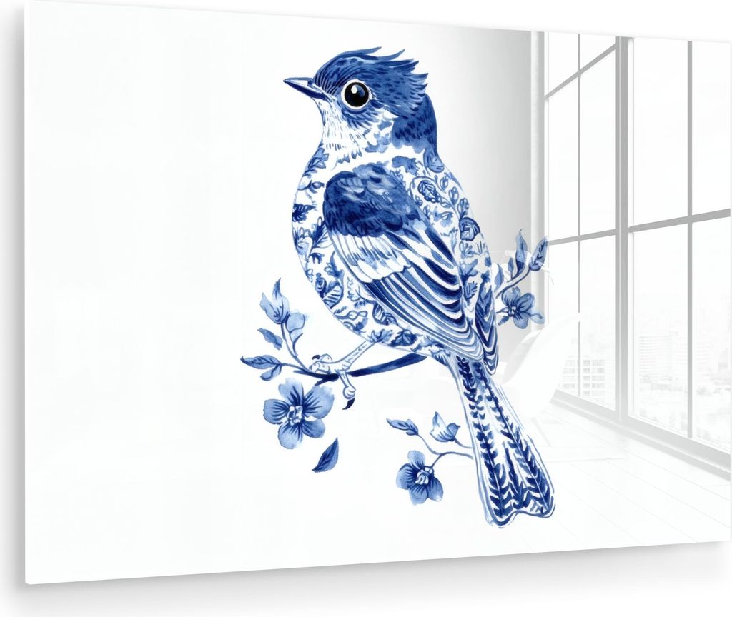 MuchoWow Glasbilder - Bilder auf Wandbild - Foto auf Glas Vogel - Delfter Blau - Illustration - Blumen 30x20 cm Wanddekoration aus Glas - Acrylglas...