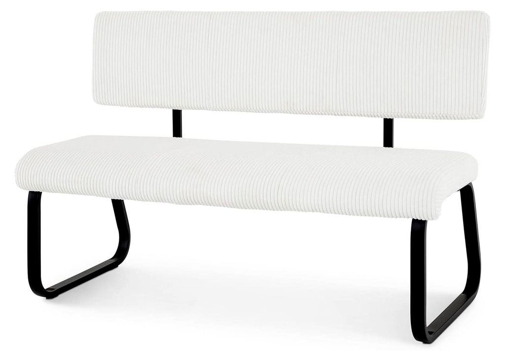 Esszimmerbank MATESE aus Kord, weiß – gemütliche Sitzbank mit Rückenlehne, gepolstertem Sitz, Metallgestell in Schwarz, moderne Küchenbank f...