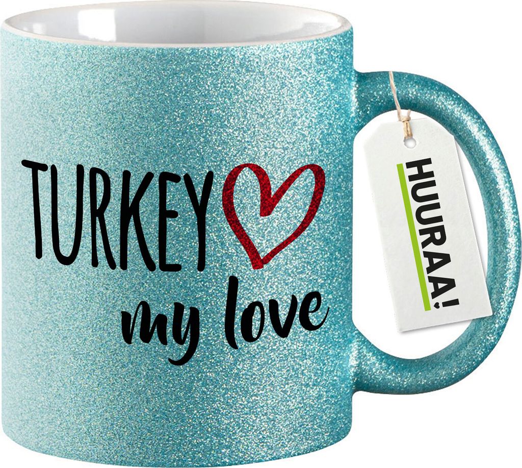 Huuraa Glitzertasse Turkey my love 330ml Blau Keramik Kaffeebecher Geschenkidee