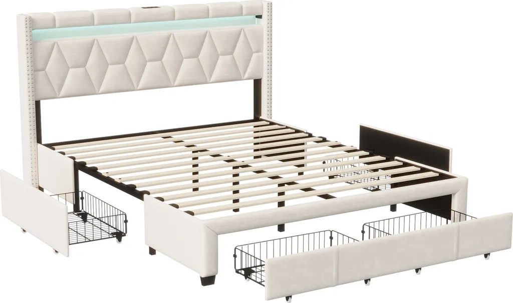 Lit coffre 160x200cm avec ports USB pour chambre moderne en lin beige