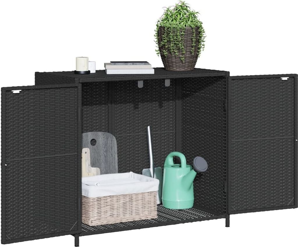 A black poly rattan garden cabinet with its doors open, displaying gardening tools and a basket inside. A potted plant sits on top.