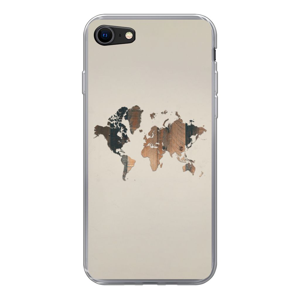 MuchoWow Handyhülle Schutzhülle Hülle für iPhone SE 2022 Weltkarte -Holz - Regal Silikon Softcase Handy Hülle - Schutzhülle