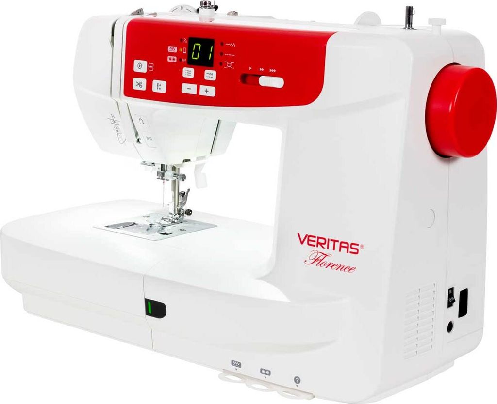 A white and red sewing machine is shown against a white background.