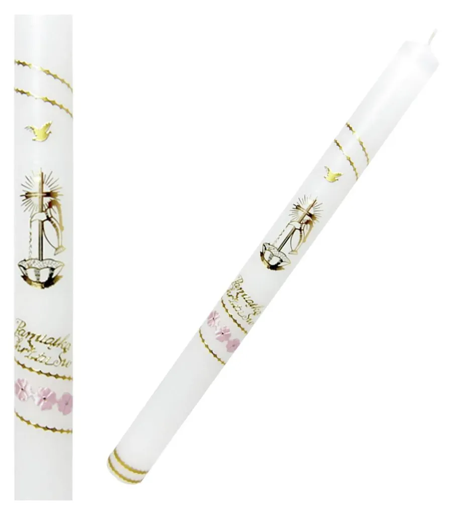Bougie de Baptême Fille Rose et Or - 41 cm - Fait Main - Cierge de Cérémonie