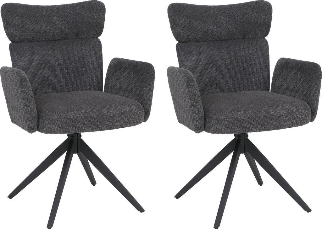 2er-Set Esszimmerstuhl HWC-N11, Stuhl, drehbar Auto-Return Stoff Bouclé 350g/m² dunkelgrau, Beine dunkelgrau
