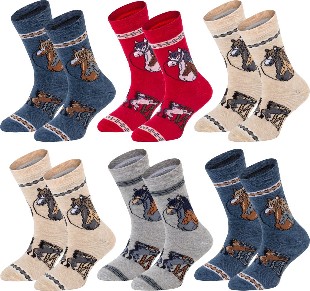 TippTexx 24 6 Paar Kinder Socken, handgekettelt, für Mädchen & Jungen, Pferde, Größe 35-38