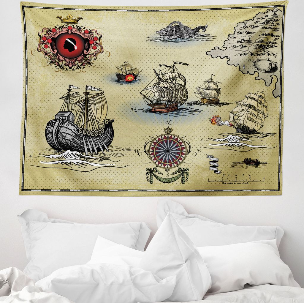 ABAKUHAUS Handgemalt Wandteppich, Antike Karte Pirat aus Weiches Mikrofaser Stoff Waschbar ohne Verblassen Digitaldruck, 150 x 110 cm, Beige Rot Grau