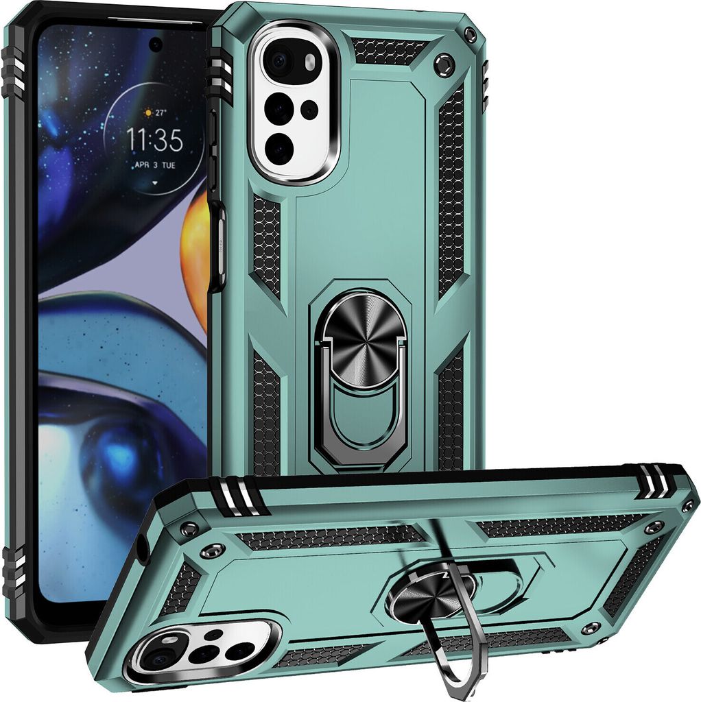 Moto G22 Hülle, Dual Layer Robust Militäre Schutzhülle mit Ringhalterung Ständer für Motorola Moto G22 Grün