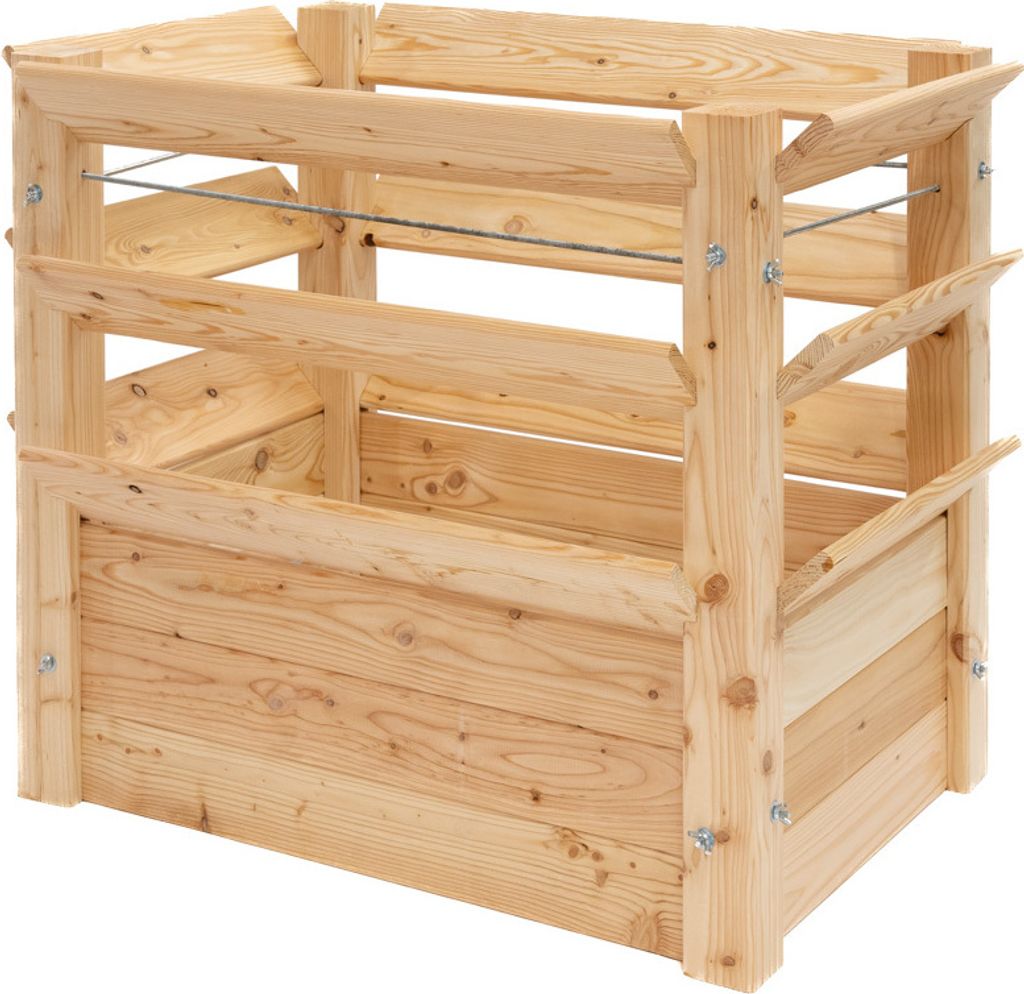 A wooden raised garden bed is shown against a white background.