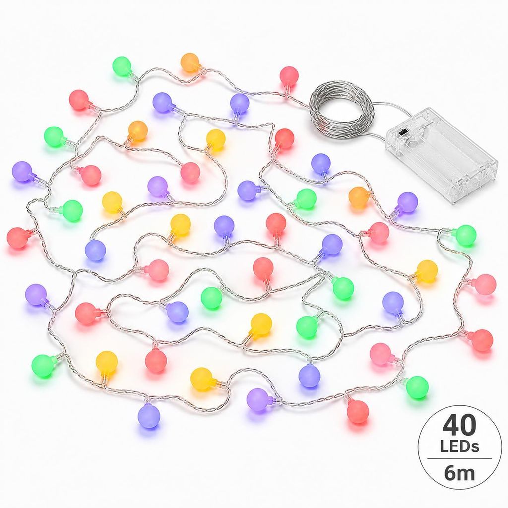 LED Lichterkette bunt 6m – 40 Kugeln, batteriebetrieben, Produktbild 