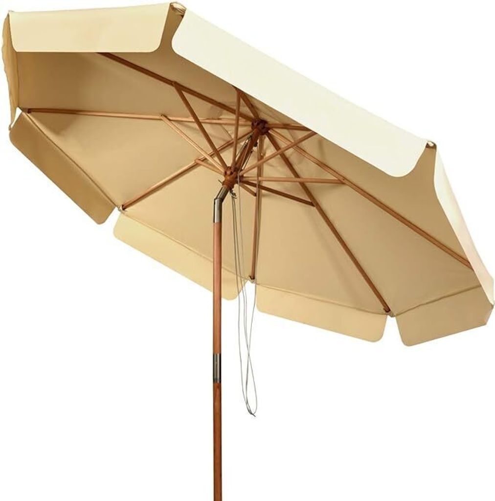 An open umbrella with a wooden pole and beige fabric.