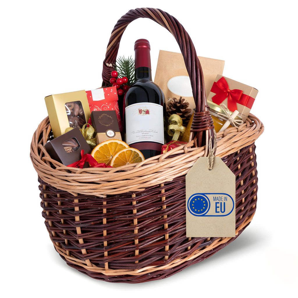 A gift basket filled with wine, chocolates, and other treats, with a "Made in EU" tag.