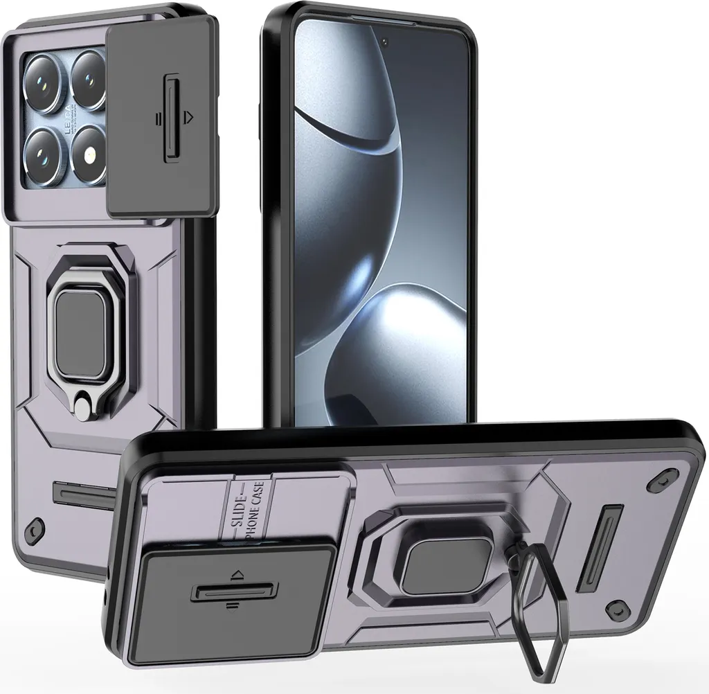 Custodia per Xiaomi 14T Pro a doppio strato con protezione fotocamera scorrevole e supporto per anello, supporto Viola