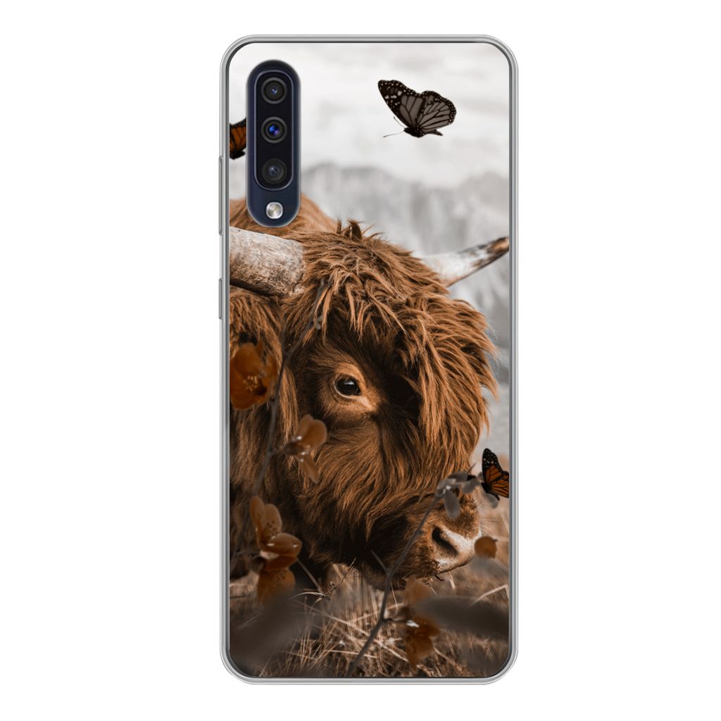 MuchoWow Handyhülle Schutzhülle Hülle für Samsung Galaxy A50 Scottish Highlander - Schmetterlinge - Pflanzen Silikon Softcase Handy Hülle - ...