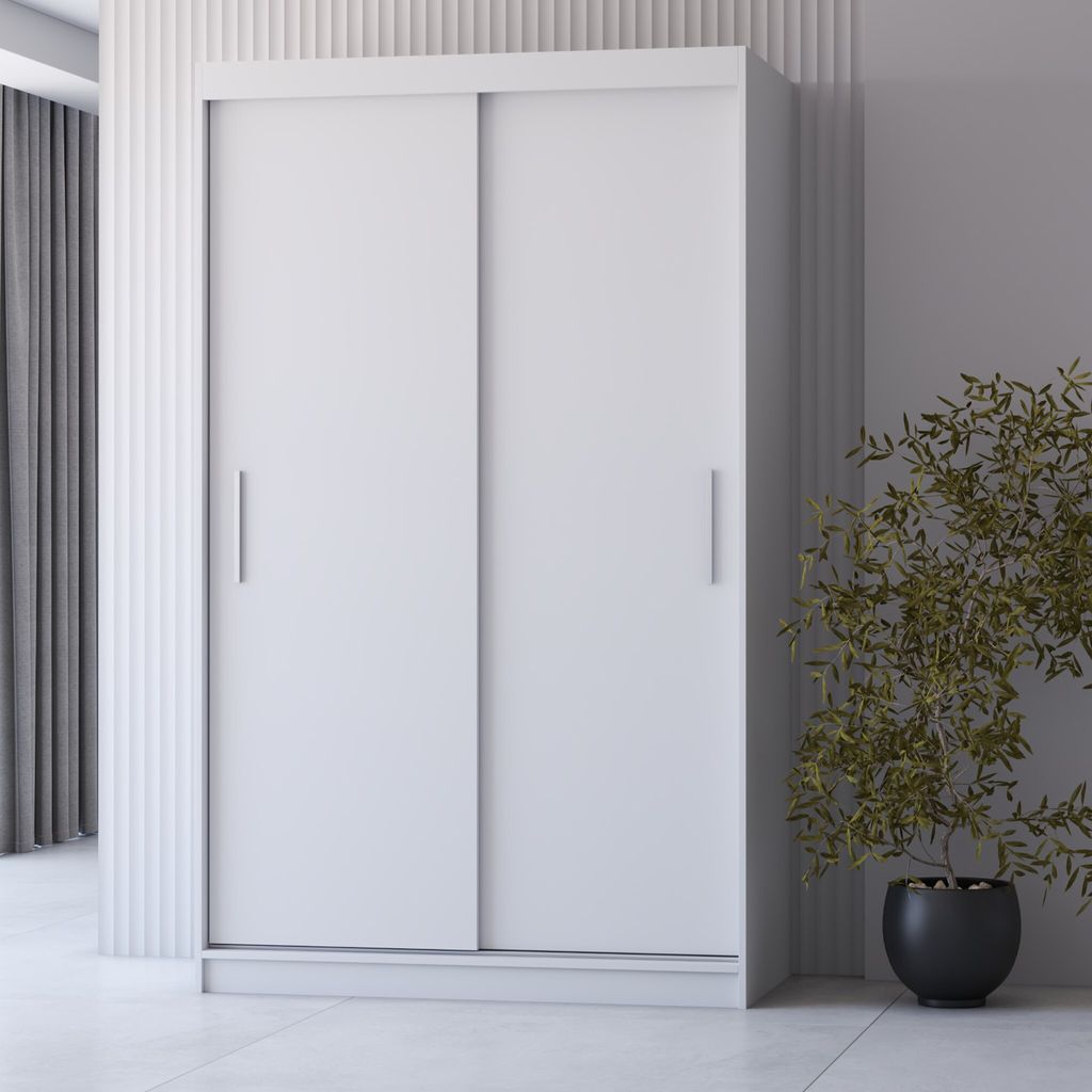 Schwebetürenschrank Kleiderschrank Schrank 120 cm Weiß/Weiß Produktbild 1