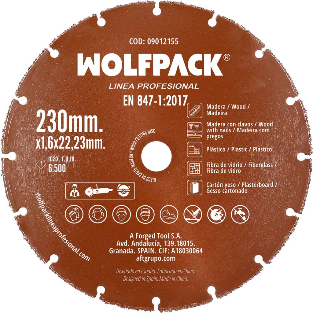 Wolfpack Disco Corte Madera / Plastico Ø 230 mm. Filo De Carburo De Tungsteno