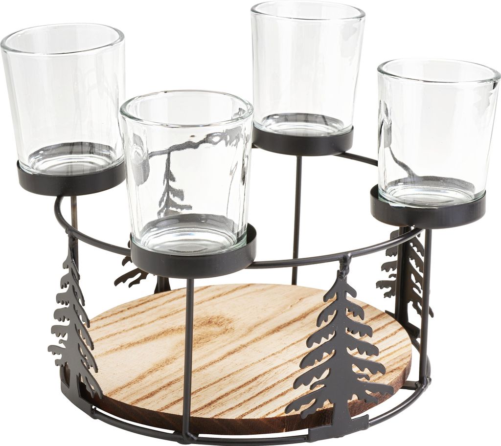 Holz-Metall-Adventskranz mit Baumsilhouette + 4 Gläser für Kerzen