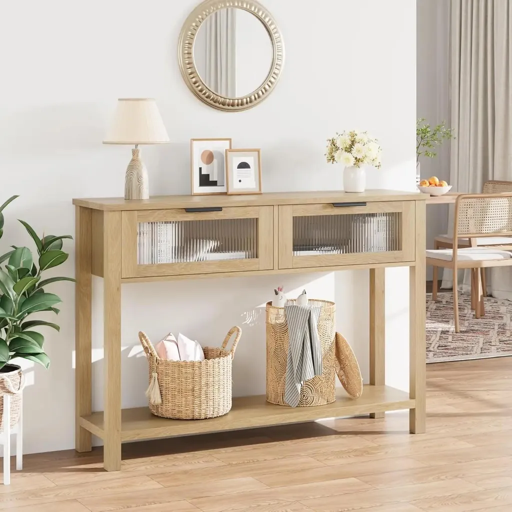 Table console minimaliste bois naturel rectangulaire à double plateau - 2
