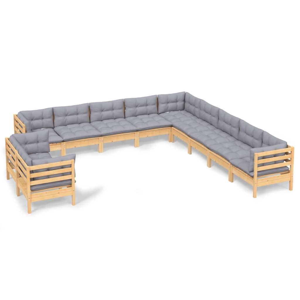 11-tlg. Garten-Lounge-Set mit Grauen Kissen Massivholz Kiefer