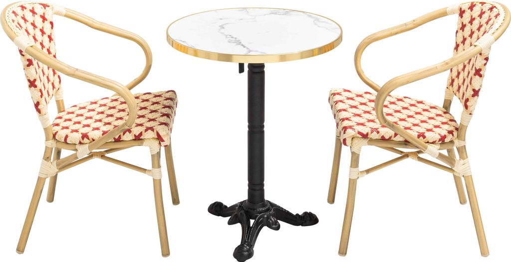 Set aus weißem Marmor-Terrassentisch und 2 roten Stühlen - Oviala Montmartre