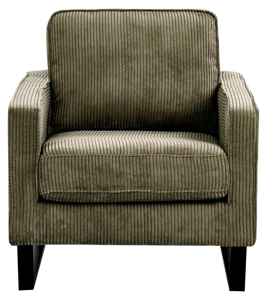 Retro Sessel Cord grün mit Armlehnen und schwarzen Edelstahlfüßen