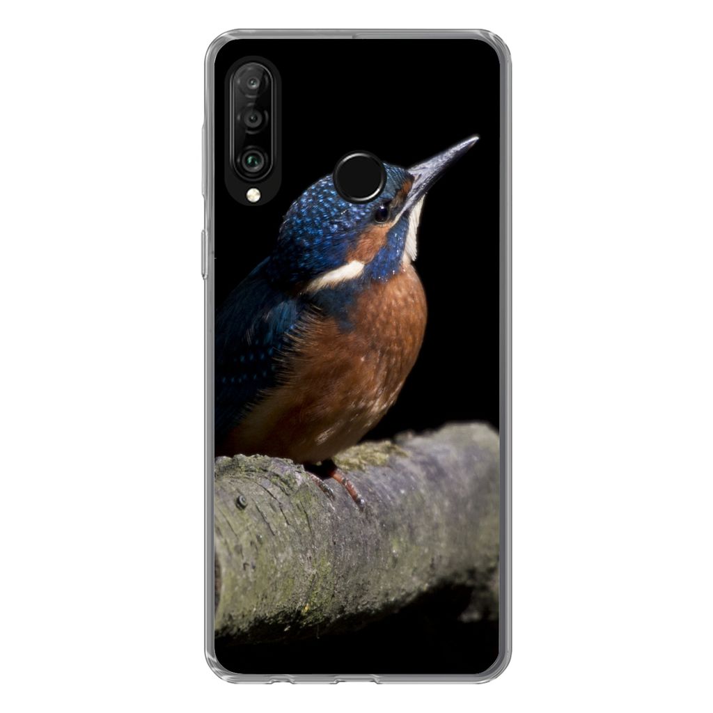 MuchoWow Handyhülle Schutzhülle Hülle für Huawei P30 Lite Eisvogel - Zweig - Federn - Schwarz Silikon Softcase Handy Hülle - Handyhülle