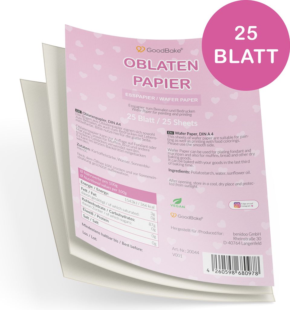 GoodBake Oblatenpapier, 25 Blatt, DIN A4, essbare Tortendeko, vegan, glutenfrei