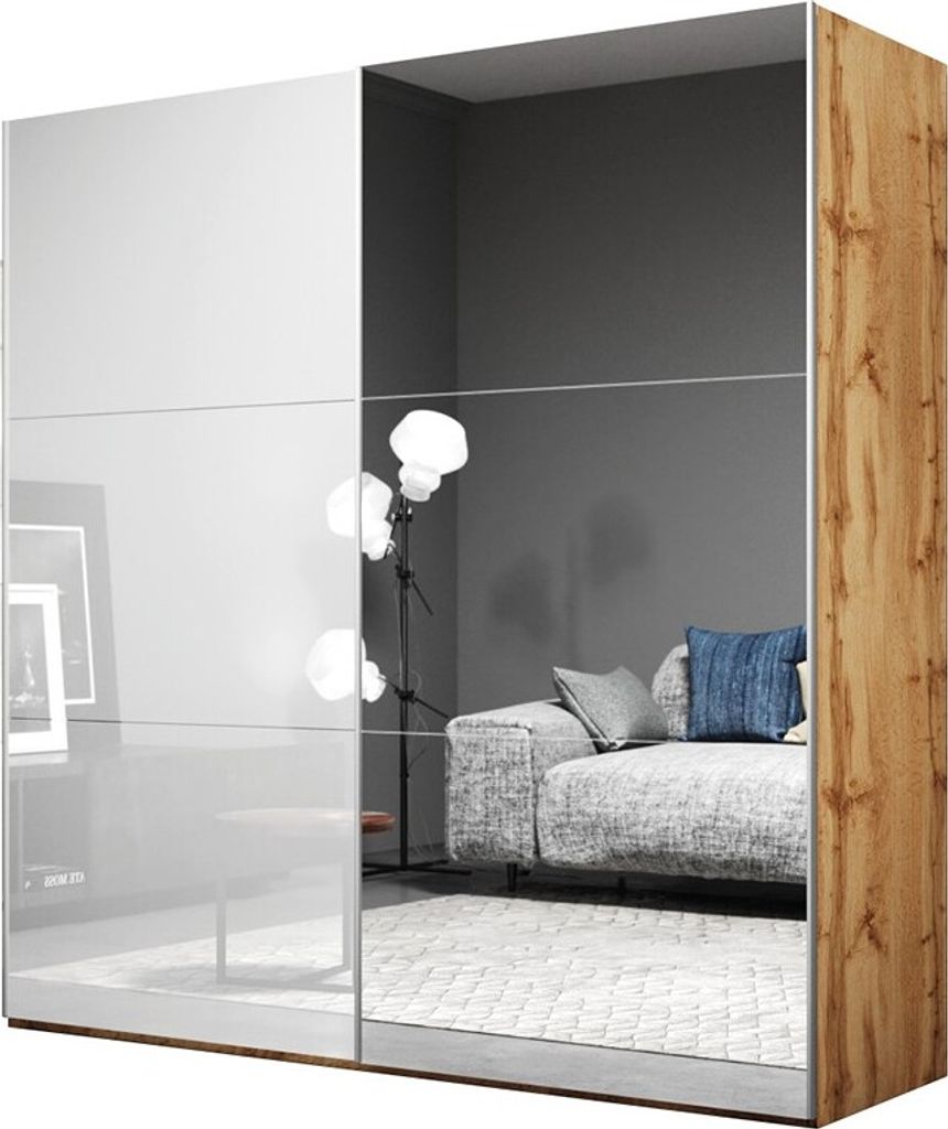 Furniture24 Kleiderschrank VIGO 200 Schwebetürenschrank Schrank mit Schiebetür 2 Kleiderstangen 4 Einlegeboden Wotan Eiche/Weiß Glanz mit Spiege...