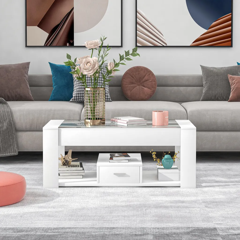 Table basse blanche multi-rangements et plateau verre trempé 100 cm