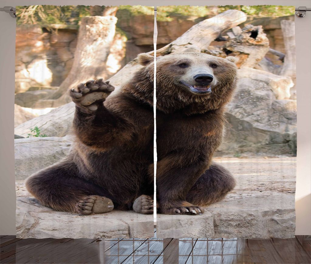 ABAKUHAUS Bär Rustikaler Gardine, Freundlich Tier Waving Paw, Schlafzimmer Kräuselband Vorhang mit Schlaufen und Haken, 280 x 245 cm, Beige Braun