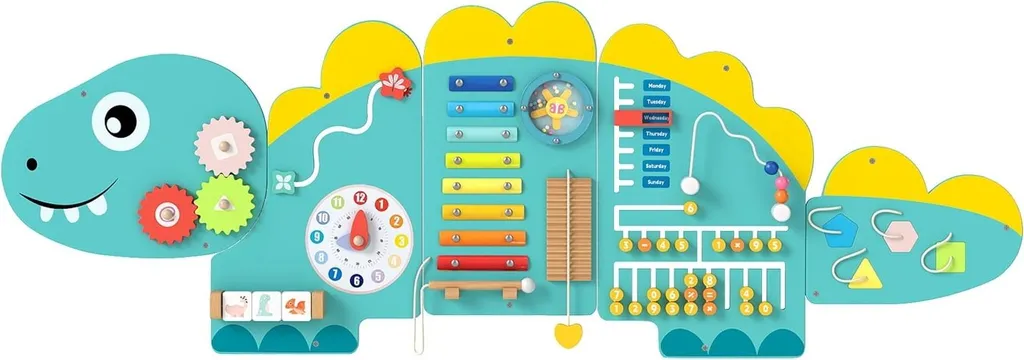 Jouet Montessori mural dinosaure : panneau d'éveil complet 11 activités