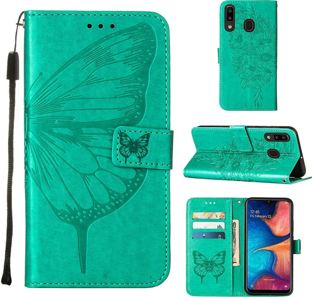 Galaxy A20 Case, Butterfly Relief Flip Custodia in pelle con slot per schede e stand per Samsung Galaxy A20 / A30 verde