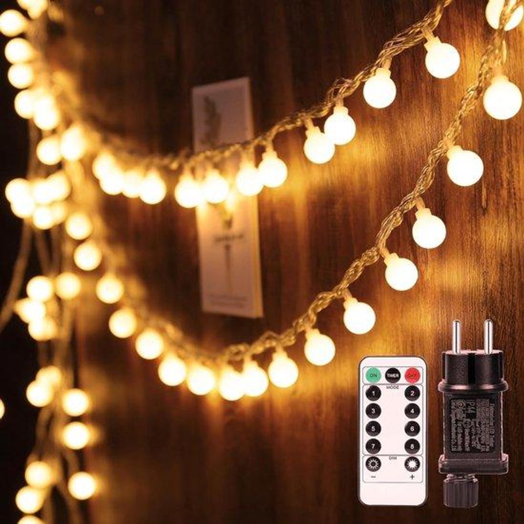 Lichtschnur mit 100 LEDs, 13 m, Außenbeleuchtung, 8 Lichtmodi mit Speichereinheit, EU-Stromadapter, warmes Weiß, ideale Weihnachtsbeleuchtung fü...