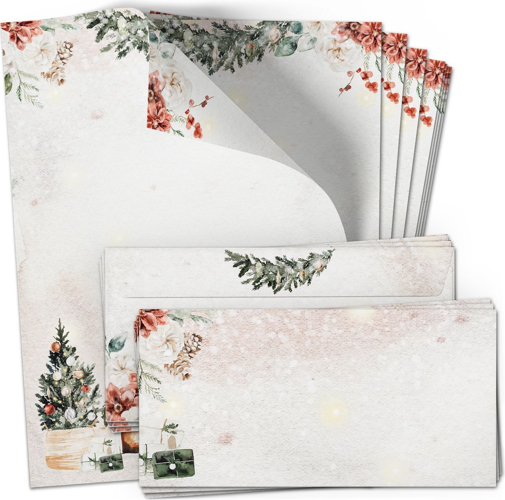 50 Briefpapier und Briefumschlag SET | Weihnachten Christmas Time | Papier und Umschlag mit Design-Motiv bedruckt | 90 g/m²