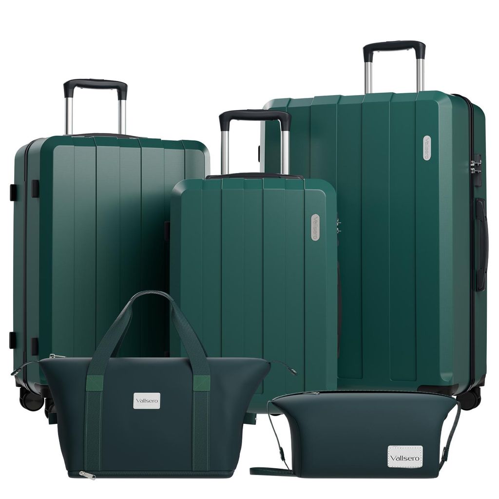 A set of dark green luggage and bags arranged on a white background.