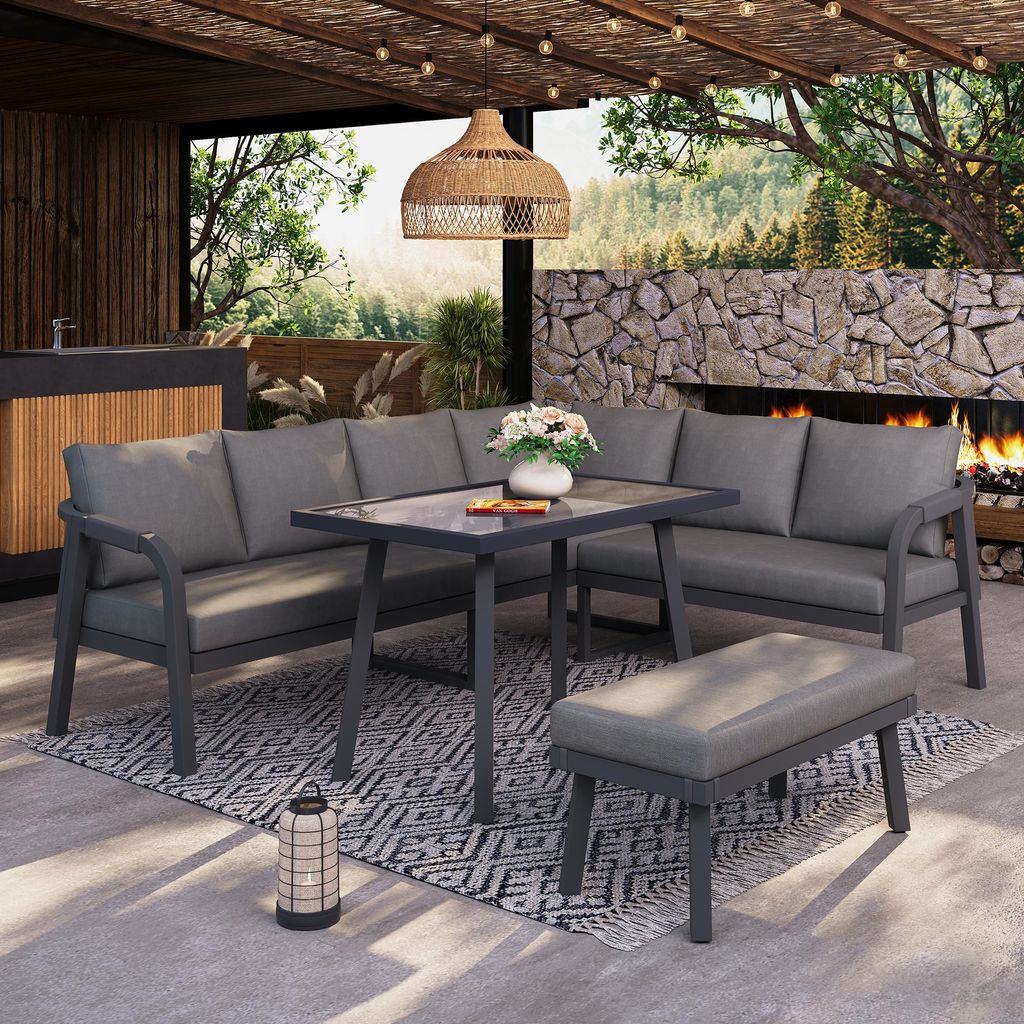 3-tlg. Garten-Essgruppe mit Esstisch & Bank, Seilgeflecht Lounge-Set & Ecksofa für 8 Personen, verzinkter Stahl, Grau