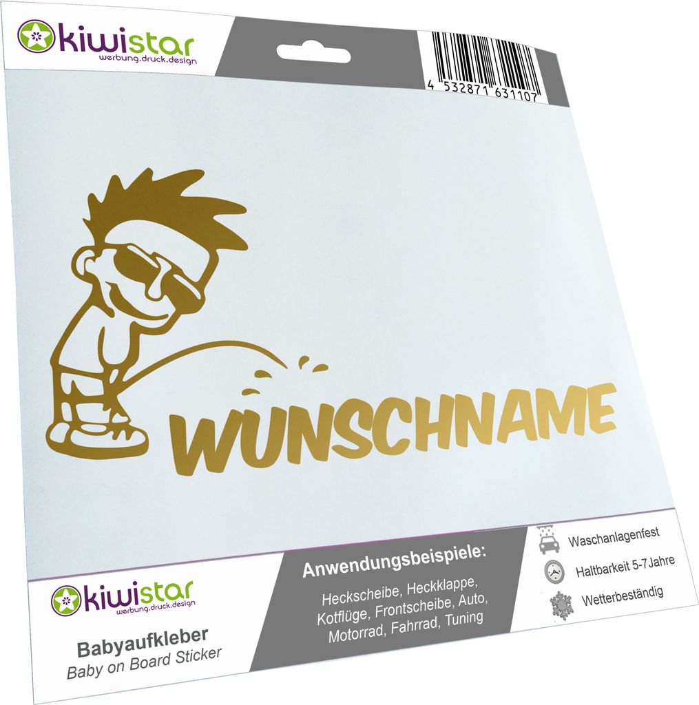 Kiwistar - Autoaufkleber - Piss on Wunschname - Junge mit Sonnenbrille - 40 cm - gold - Pissmännchen - Aufkleber für Auto, Laptop, Fahrrad, LKW, ...