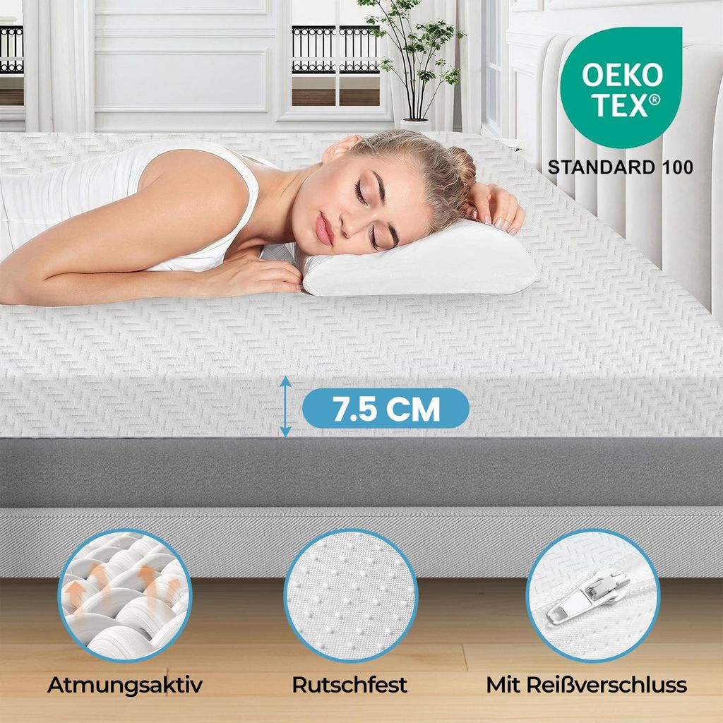 Matratzen Topper 90x200cm H2 / H3, Matratzentopper Schlafsofa Bett Gelschaum,Mattress Topper Gel Bezug 7.5CM Höhe Anti-Rutsch-Unterlagen für Matr...