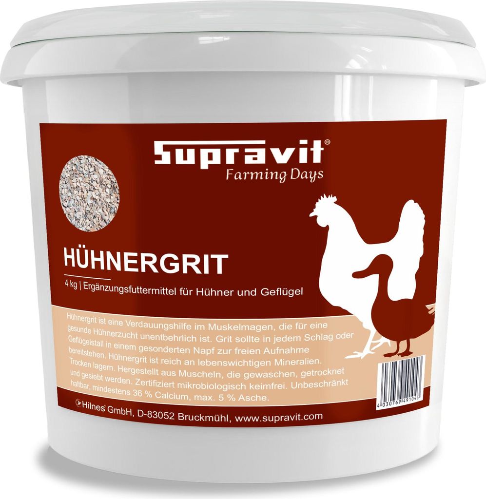Supravit Hühnergrit Geflügelgrit 4 kg | Muschelkalk Ergänzungsfutter für Knochen | Futterkalk Naturprodukt für Hühner